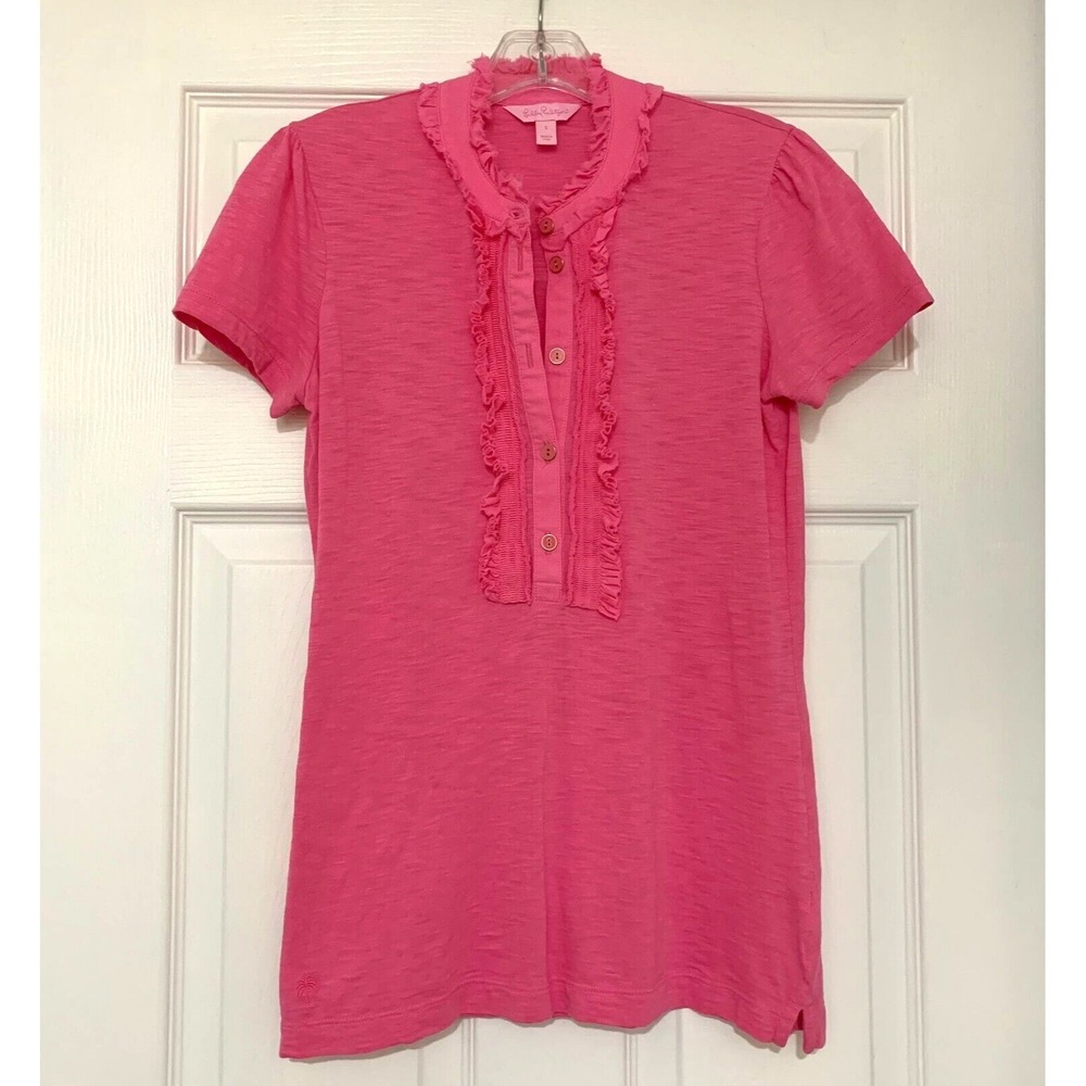 Lilly Pulitzer Pink Stand Collar Ruffle Polo Top sz S XS 0 2 4 Pink Cotton